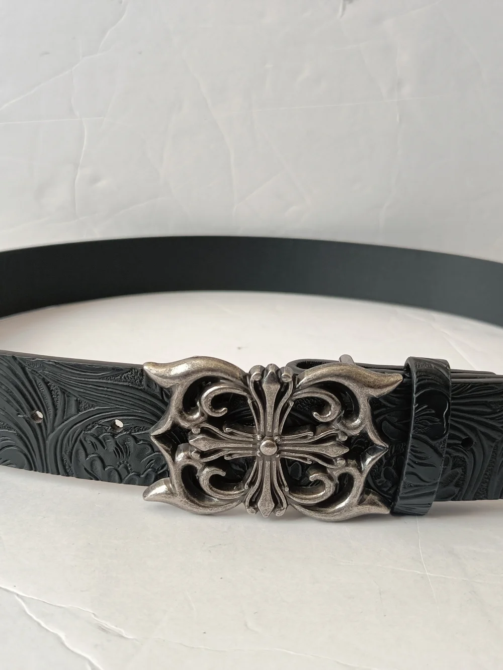 Gothic Silver Buckle Black Faux Leather Textured Belt Adjustable 47 Inches